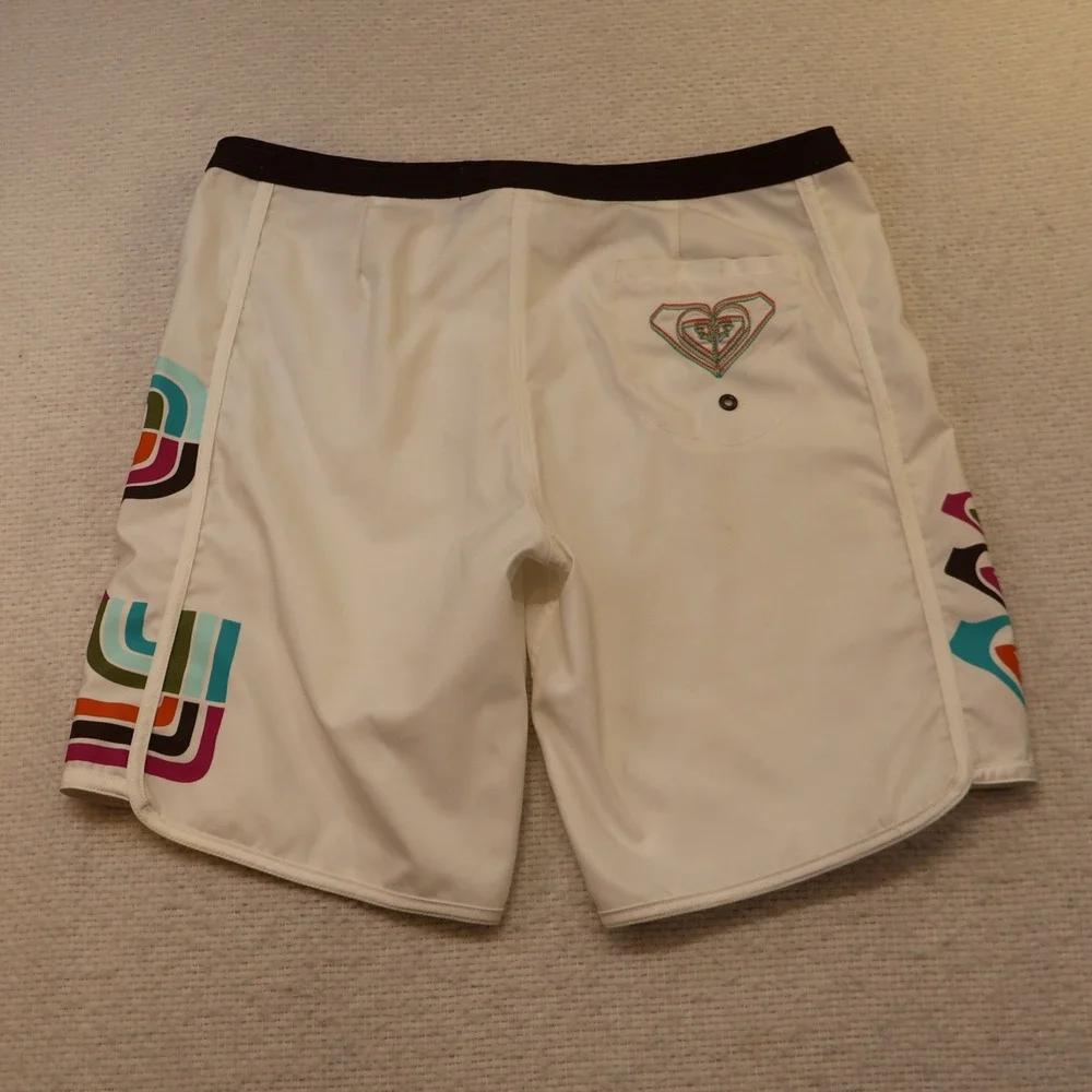 Roxy Women 9 Board Shorts White Graphic Logo Retro Surf L601493L